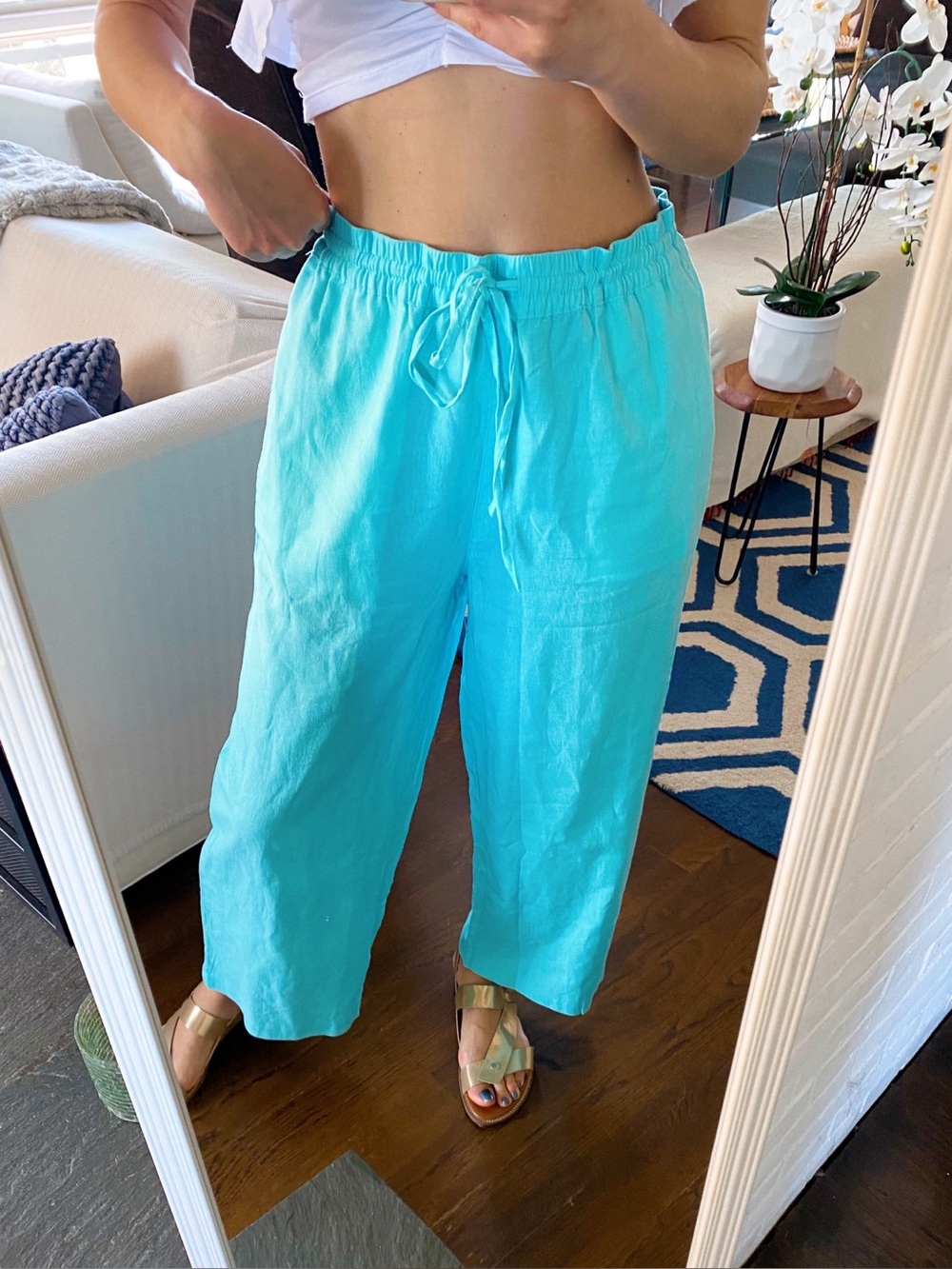 DKNY Aqua Blue Linen-Blend Drawstring Wide Leg Pant! 🐬
